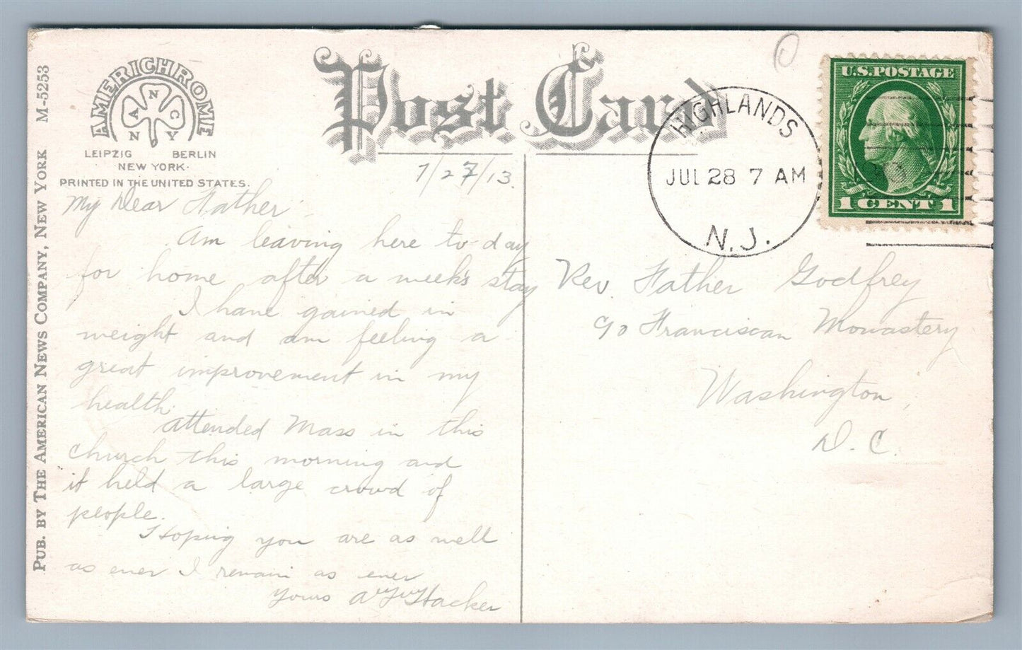 HIGHLANDS NJ CATHOLIC CHURCH ANTIQUE POSTCARD