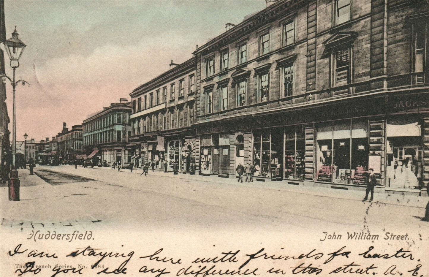 HUDDERSFIELD UK JOHN WILLIAM STREET W.YORKSHIRE ANTIQUE POSTCARD w/BRITISH STAMP