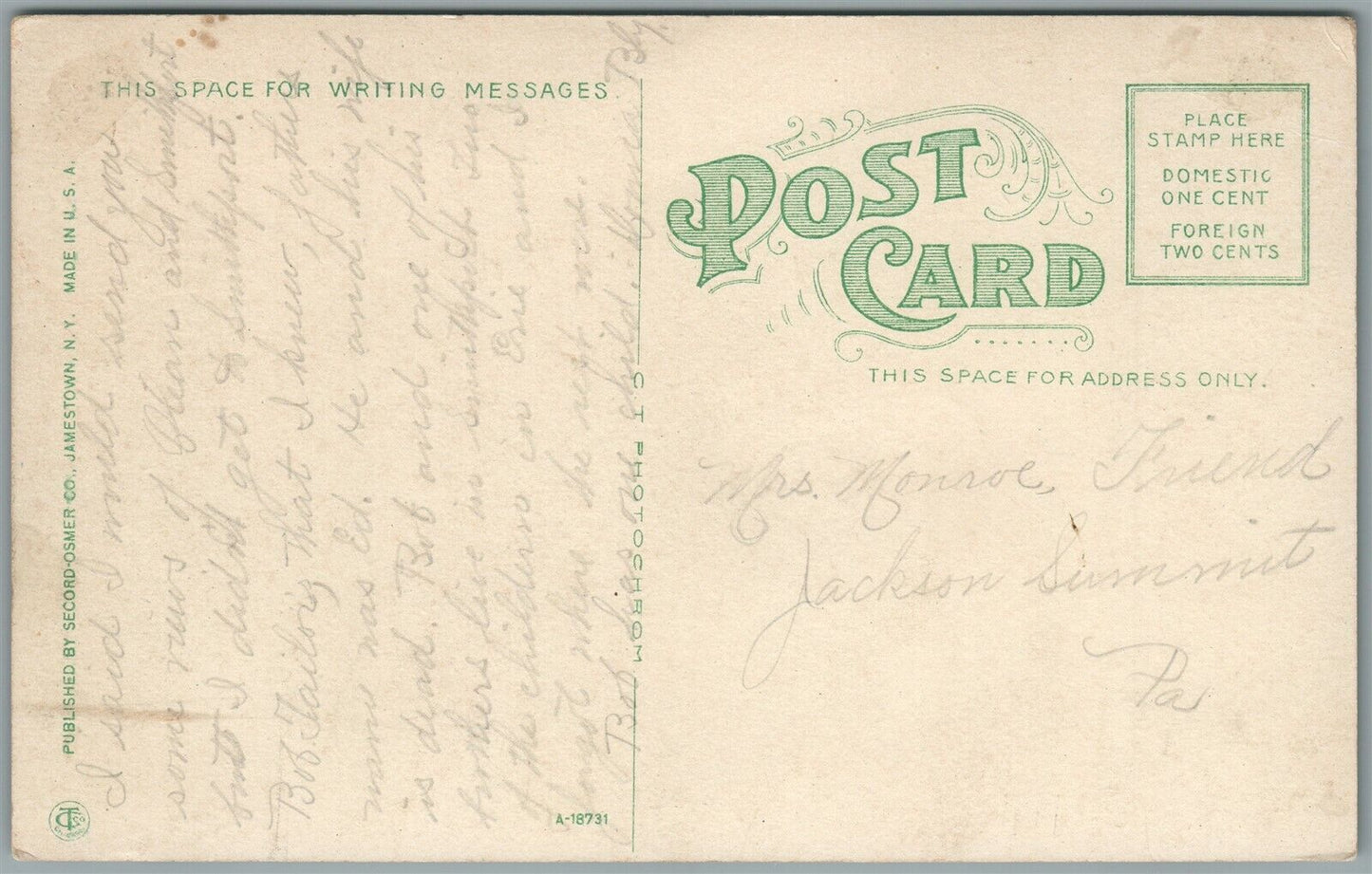 OLEAN NY UNION STREET ANTIQUE POSTCARD