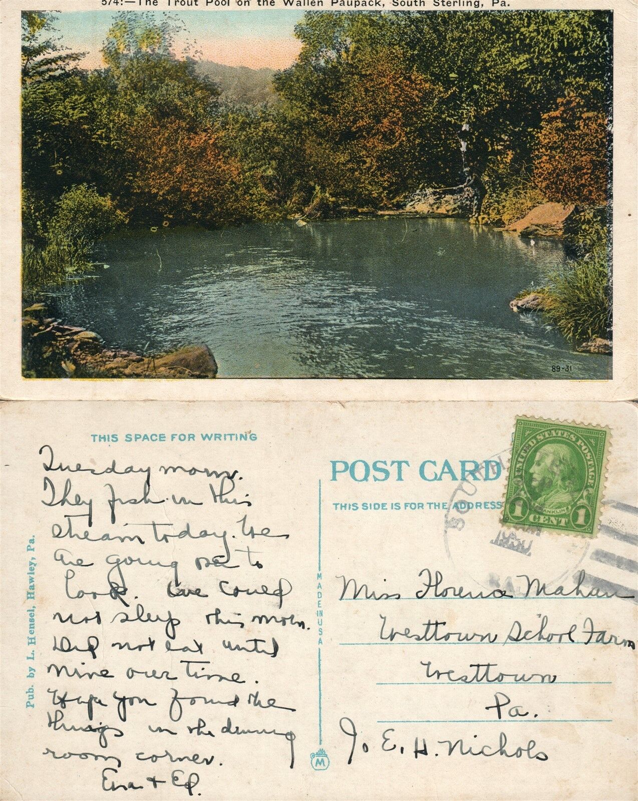 SOUTH STERLING PA WALLEN PAUPAK TROUT POOL 1930 ANTIQUE POSTCARD w/ CORK CANCEL