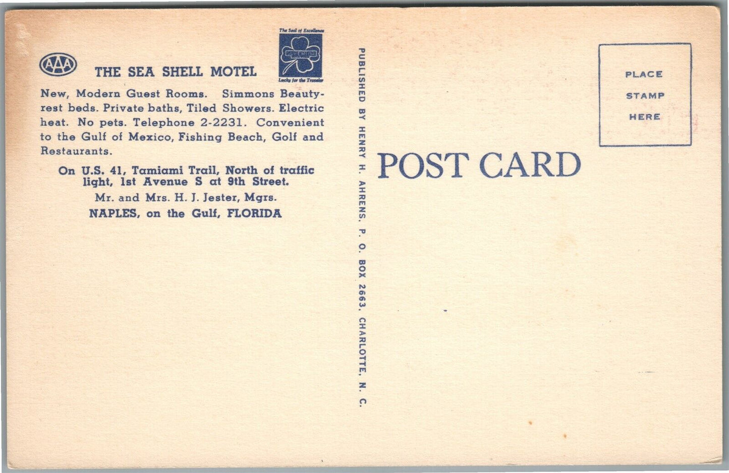 NAPLES FL SEA SHELL MOTEL VINTAGE POSTCARD