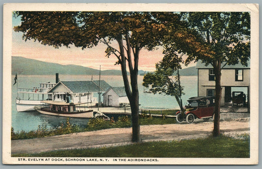 SCHROON LAKE NY STR. EVELYN AT DOCK IN ADIRONDACKS ANTIQUE POSTCARD