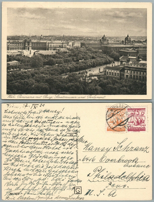 WIEN AUSTRIA PANORAMA MIT BURG 1928 ANTIQUE POSTCARD w/ STAMPS