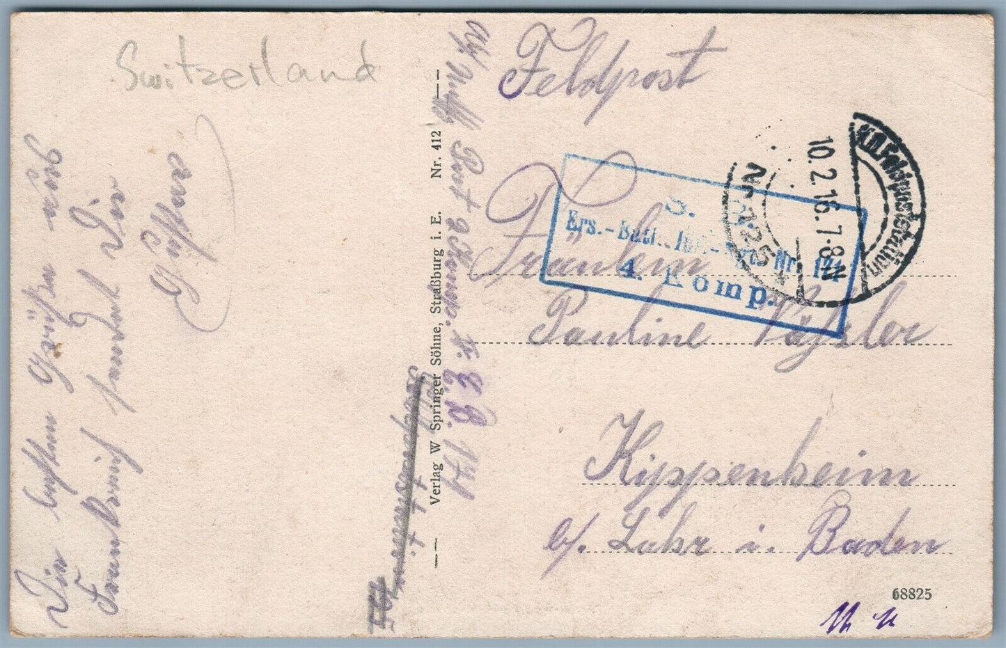 GERMAN WWI FELDPOST 1916 ANTIQUE POSTCARD VEXAINCOURT MIT BRUNNEN SWITZERLAND