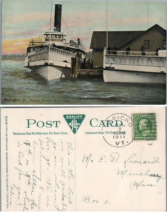 STEAMER VERMONT AT THE DOCK BURLINGTON VT 1911 ANTIQUE POSTCARD ship