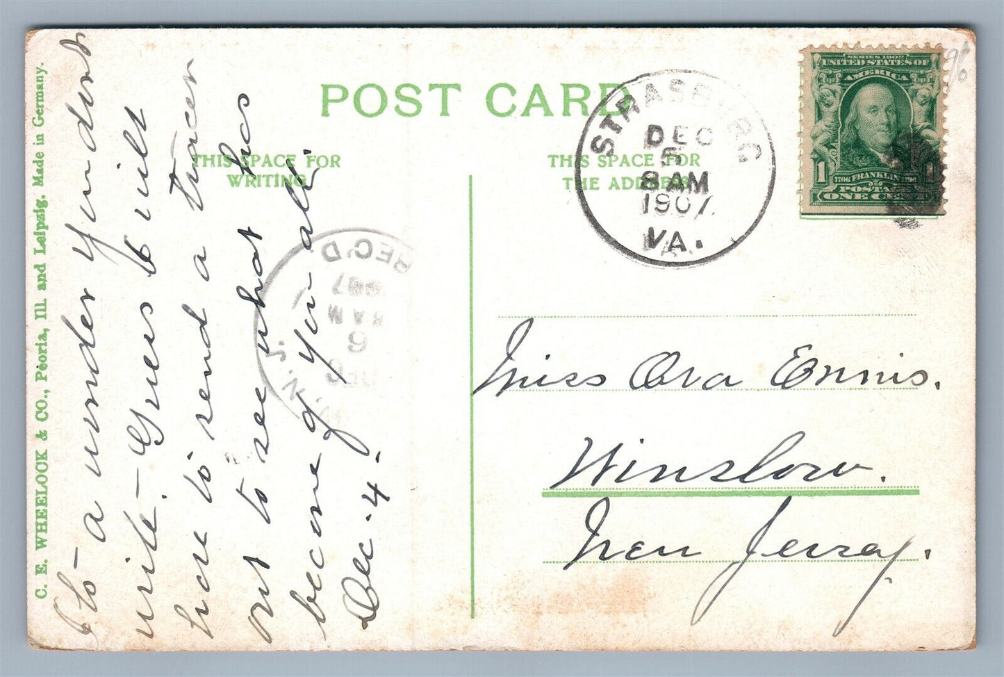 WINCHESTER VA MAIN STREET ANTIQUE POSTCARD