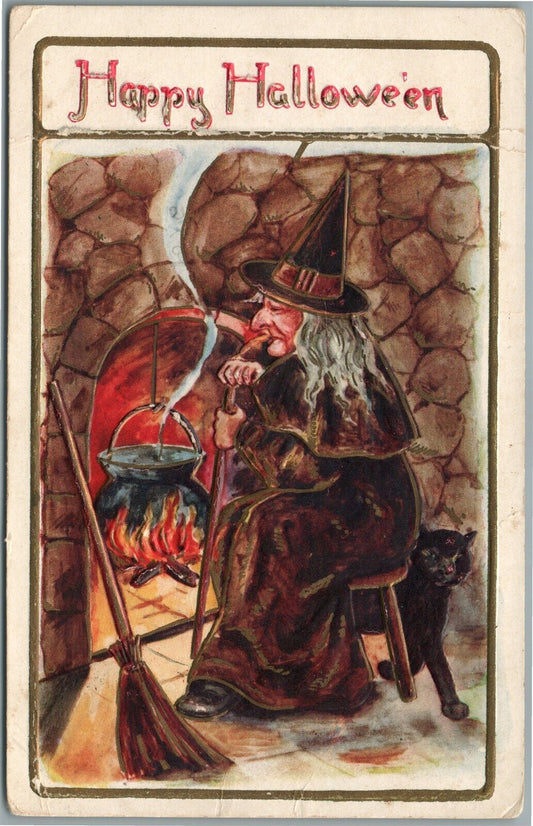 HALLOWEEN ANTIQUE POSTCARD Witch at fireplace