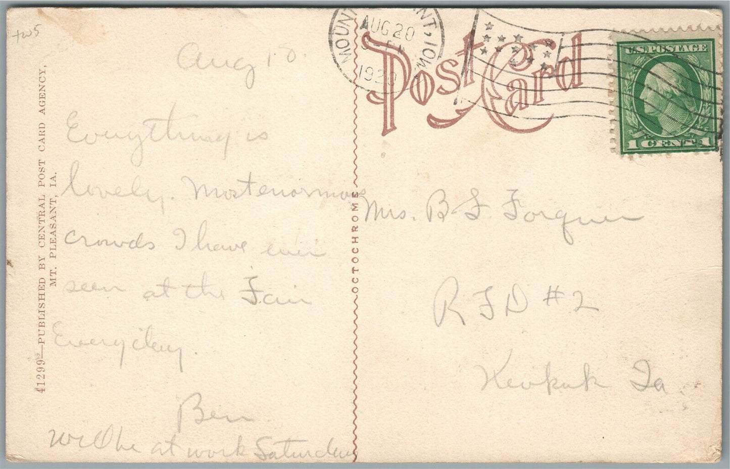 MT. PLEASANT IA JEFFERSON STREET LOOKING NORTH ANTIQUE POSTCARD