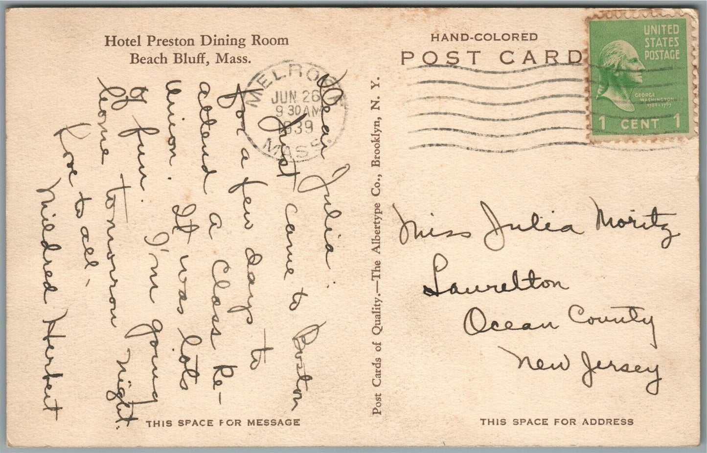 BEACH BLUFF MA HOTEL PRESTON DINING ROOM VINTAGE POSTCARD