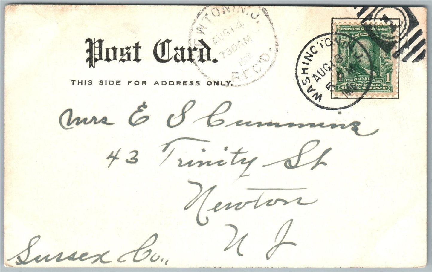 WASHINGTON NJ CORNISH RESIDENCE 1906 UNDIVIDED ANTIQUE POSTCARD w/ CORK CANCEL