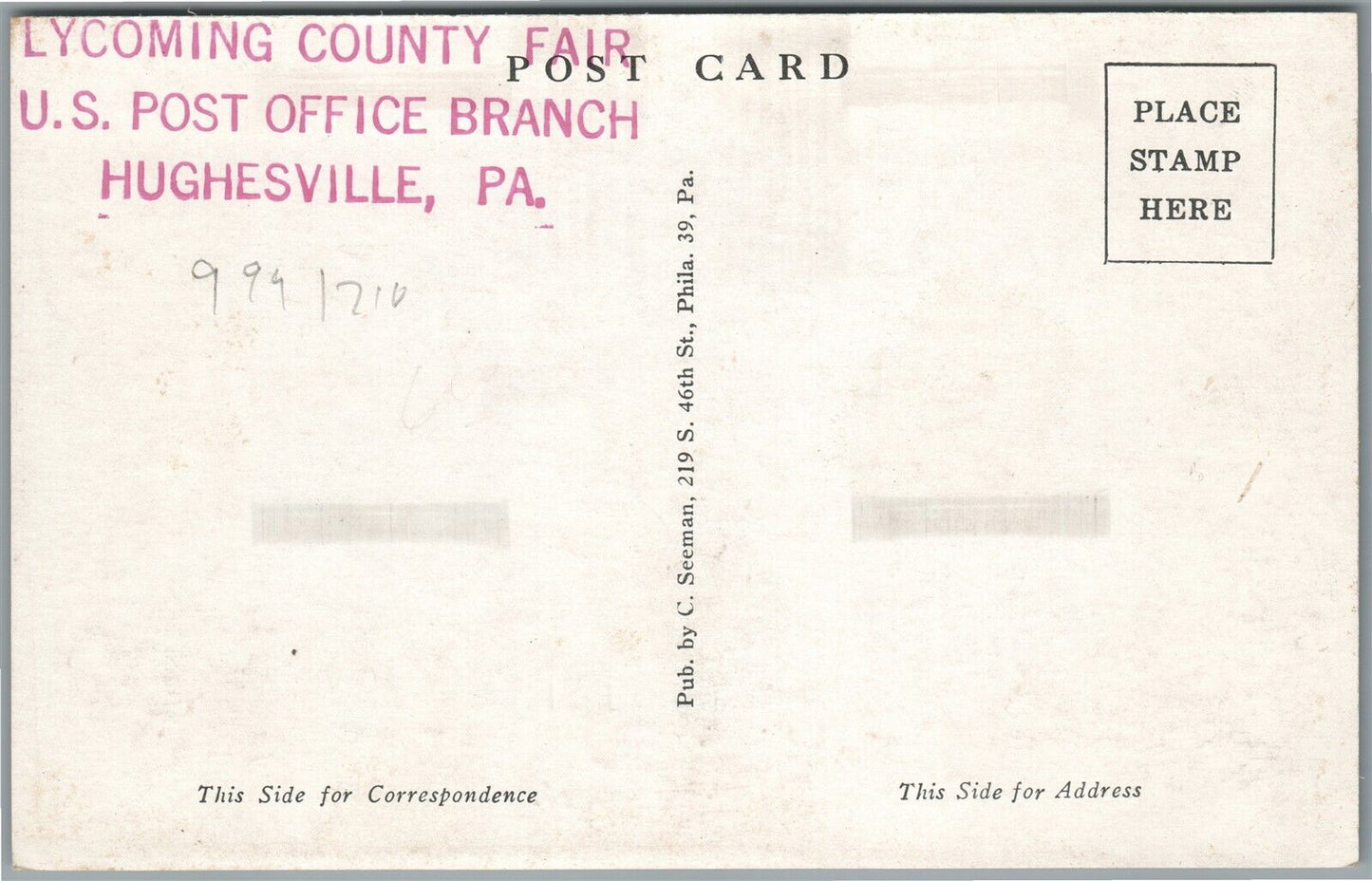 HUGHESVILLE PA POST OFFICE VINTAGE POSTCARD