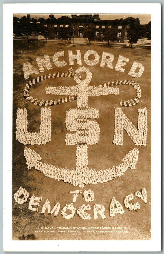 1942 VINTAGE REAL PHOTO POSTCARD RPPC LIVING USN ANCHORED TO DEMOCRACY