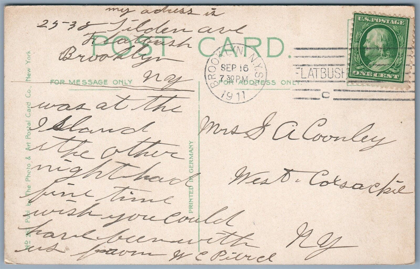 BROOKLYN NY PUBLIC SCHOOL No.93 NEW YORK AVENUE 1911 ANTIQUE POSTCARD