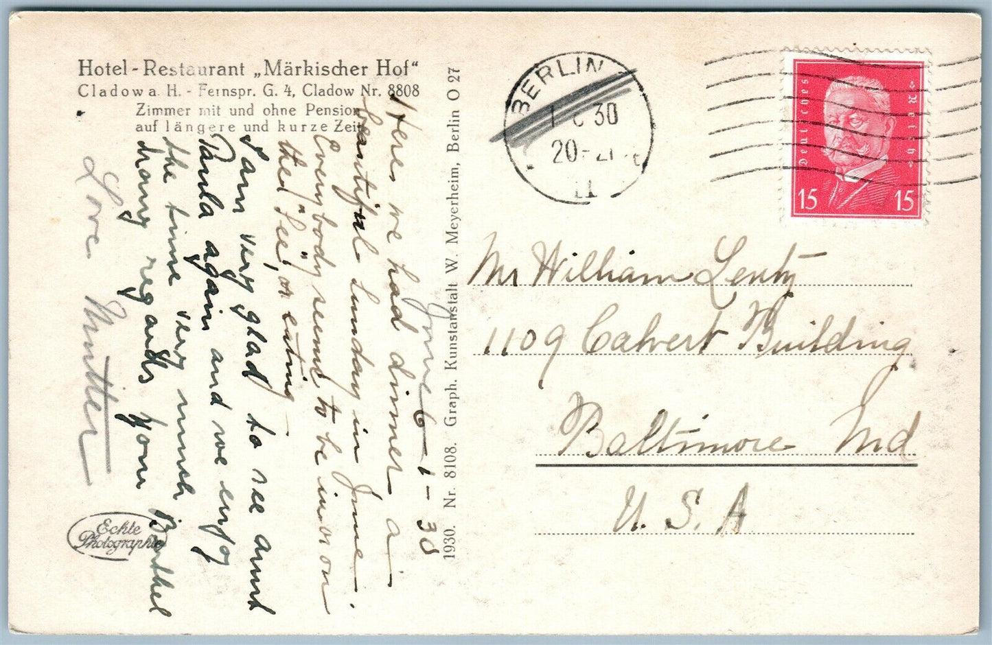 CLADOW GERMANY HOTEL RESTAURANT MARKISCHER HOF ANTIQUE REAL PHOTO POSTCARD RPPC