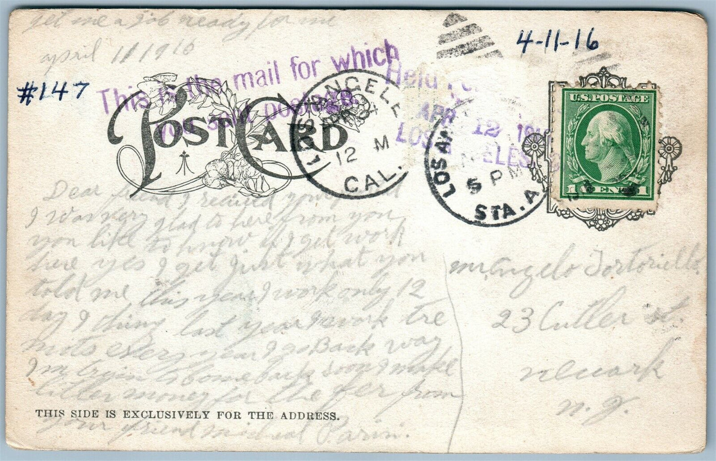 LOS ANGELES CA W.ADAMS STREET ANTIQUE POSTCARD