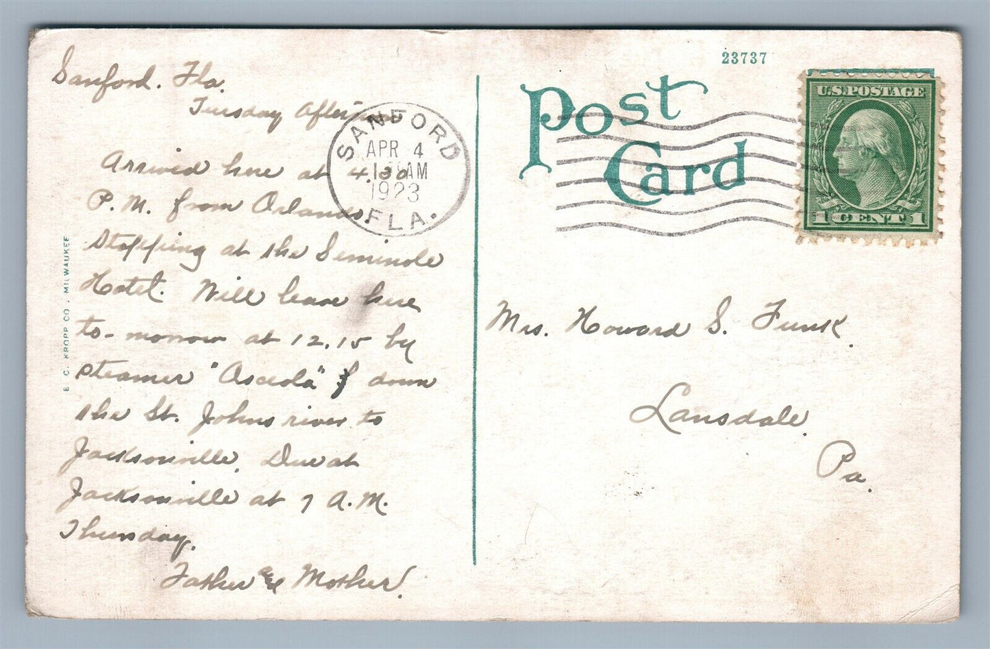 SANFORD FL PARK AVENUE ANTIQUE POSTCARD