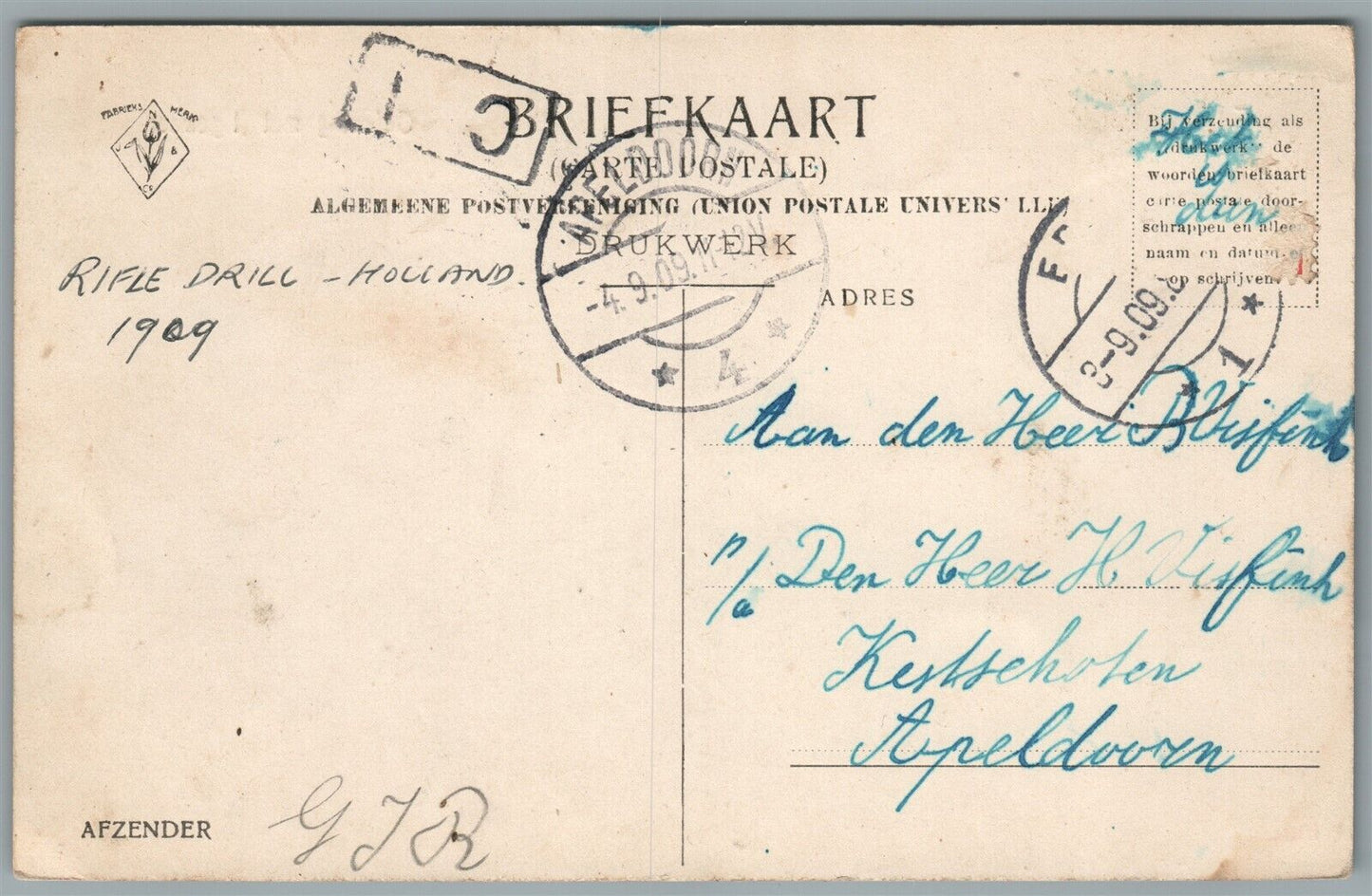 RIFLE DRILL NETHERLANDS 1909 MILITARY ANTIQUE POSTCARD