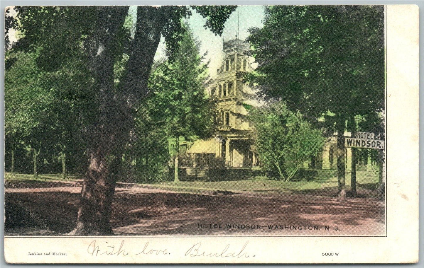 WASHINGTON NJ HOTEL WINDSOR 1906 UNDIVIDED ANTIQUE POSTCARD w/ CORK CANCEL