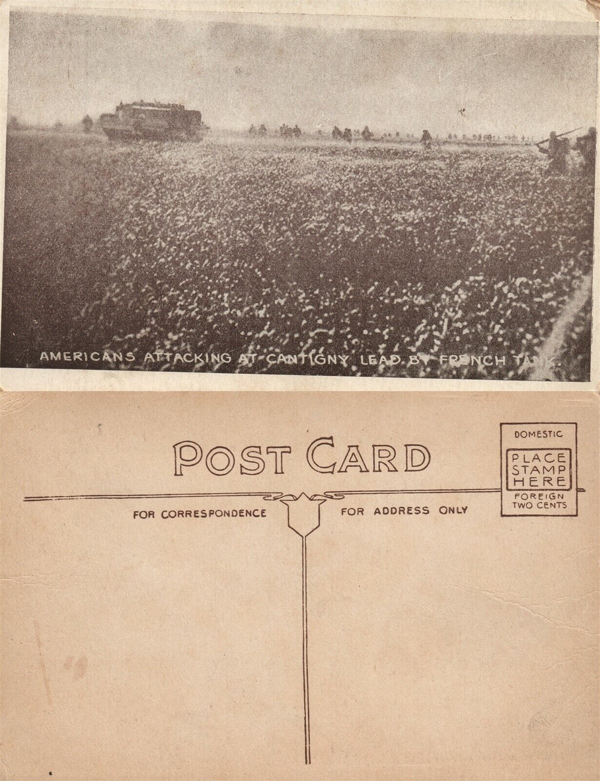 AMERICANS ATTACKING AT CANTIGNY LEAD BY FRENCH TANK ANTIQUE POSTCARD