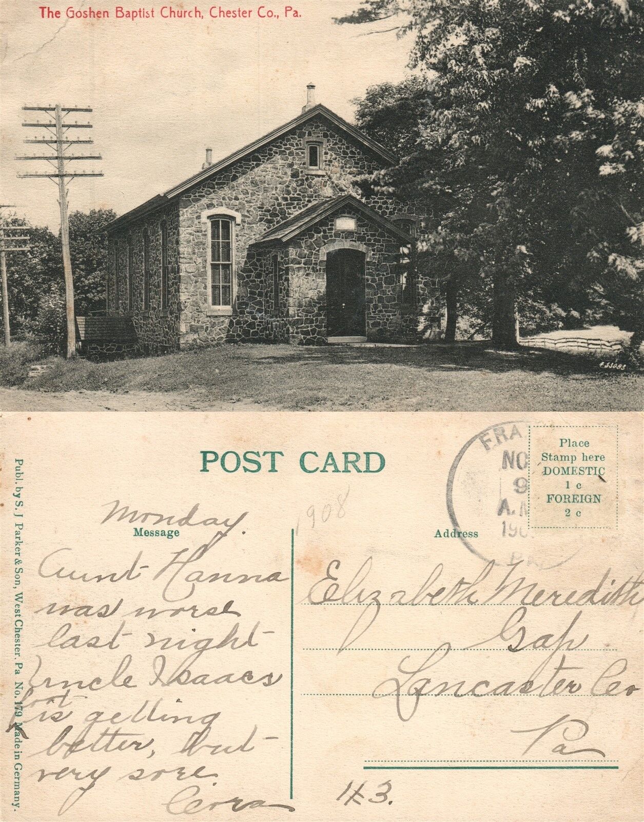 CHESTER CO. PA GOSHEN BAPTIST CHURCH ANTIQUE POSTCARD