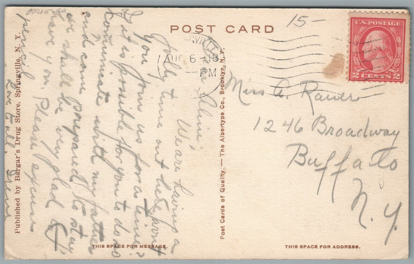 SPRINGVILLE NY EAST HILL ANTIQUE POSTCARD