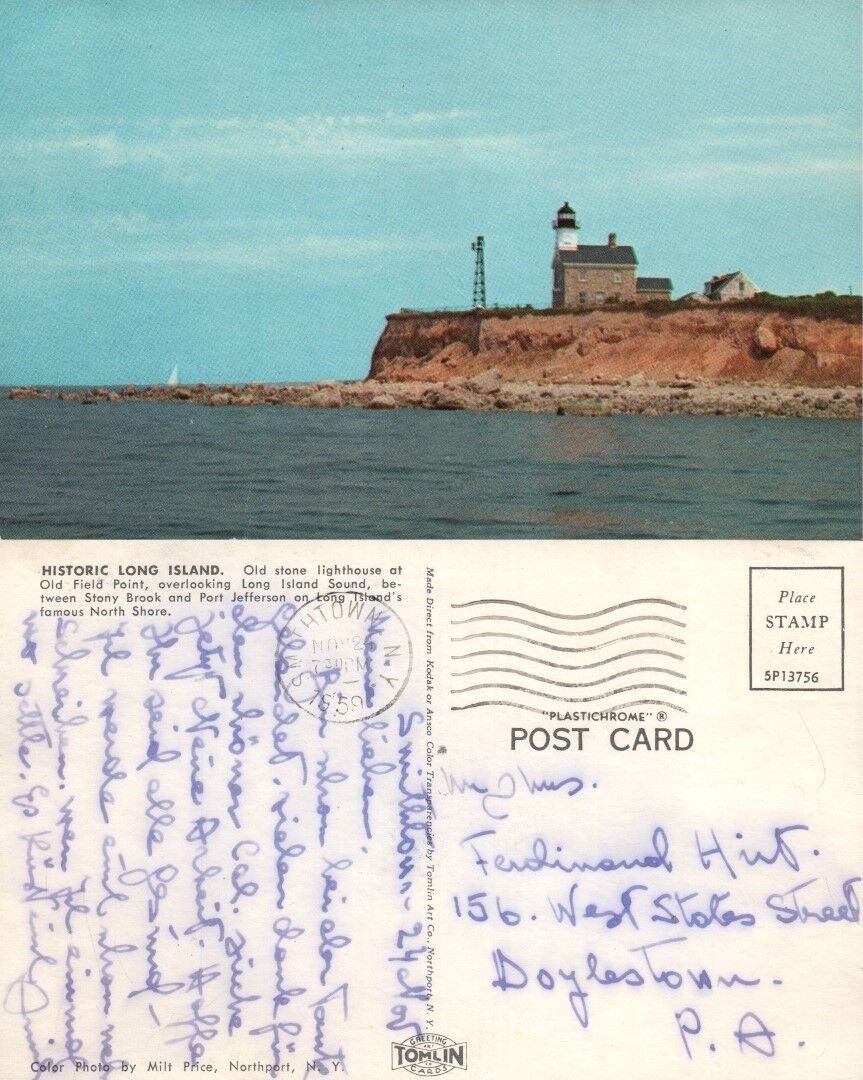 LONG ISLAND N.Y. OLD FIELD POINT LIGHTHOUSE VINTAGE 1959 POSTCARD