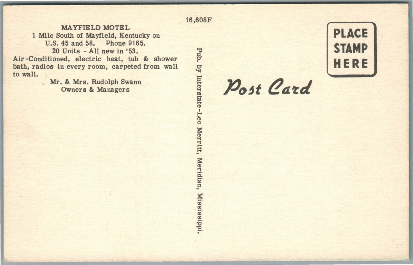 MAYFIELD MOTEL KY VINTAGE POSTCARD