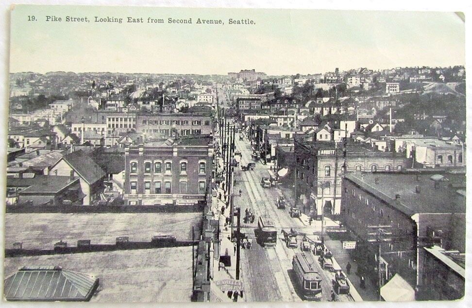 PIKE STREET LOOKING EAST FROM SECOND AVENUE SEATTLE WASHINGTON ANTIQUE POSTCARD