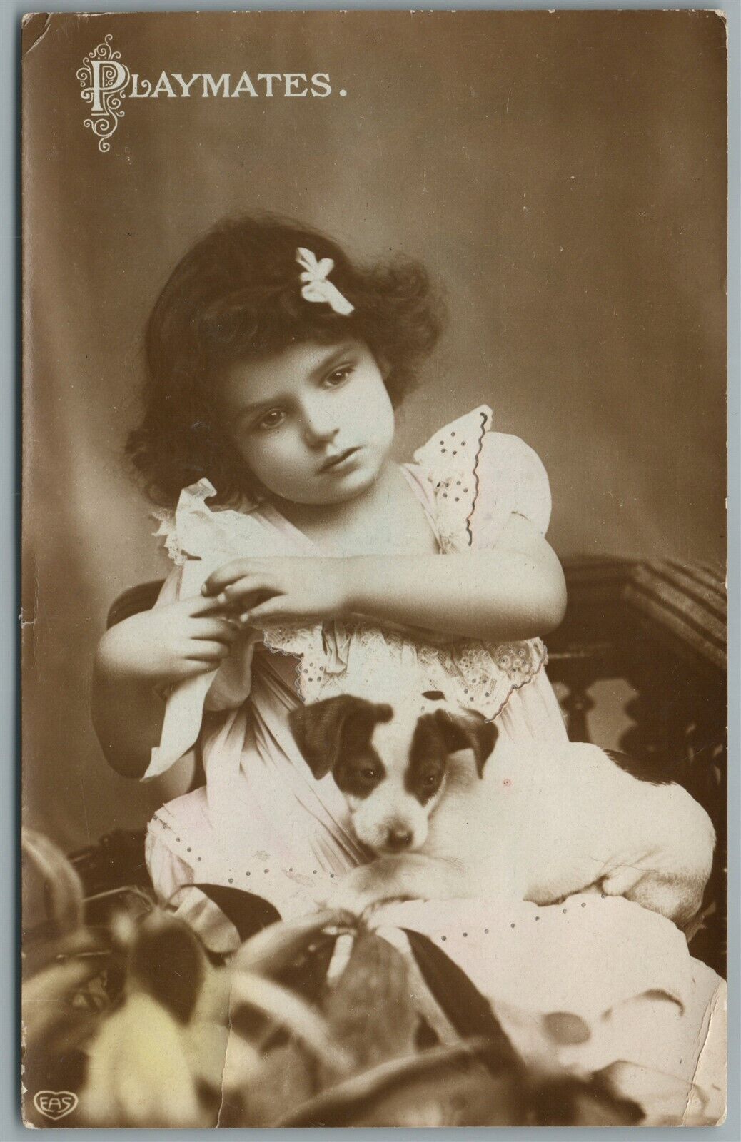 GIRL w/ DOG - PLAYMATES ANTIQUE REAL PHOTO POSTCARD RPPC