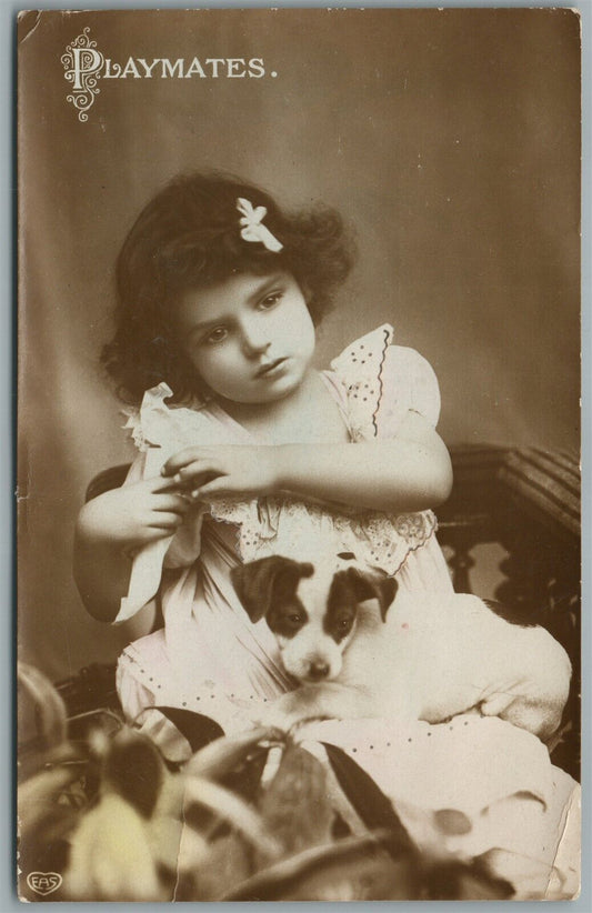 GIRL w/ DOG - PLAYMATES ANTIQUE REAL PHOTO POSTCARD RPPC