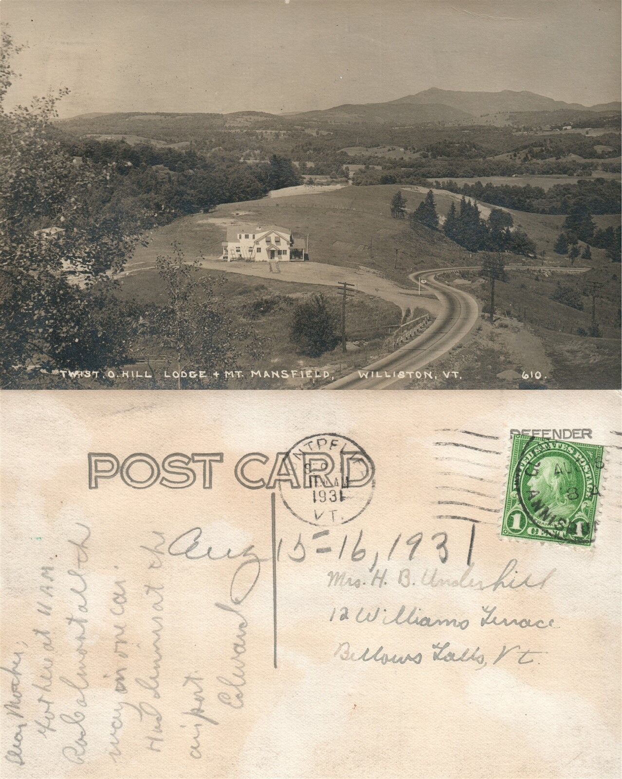 WILLISTON VT TWIST O HILL LODGE MT.MANSFIELD ANTIQUE REAL PHOTO POSTCARD RPPC