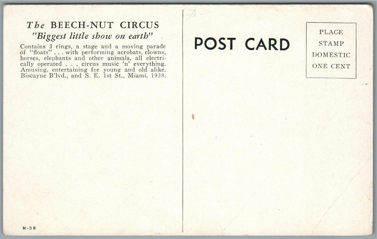 MIAMI FL THE BEECH NUT CIRCUS VINTAGE POSTCARD