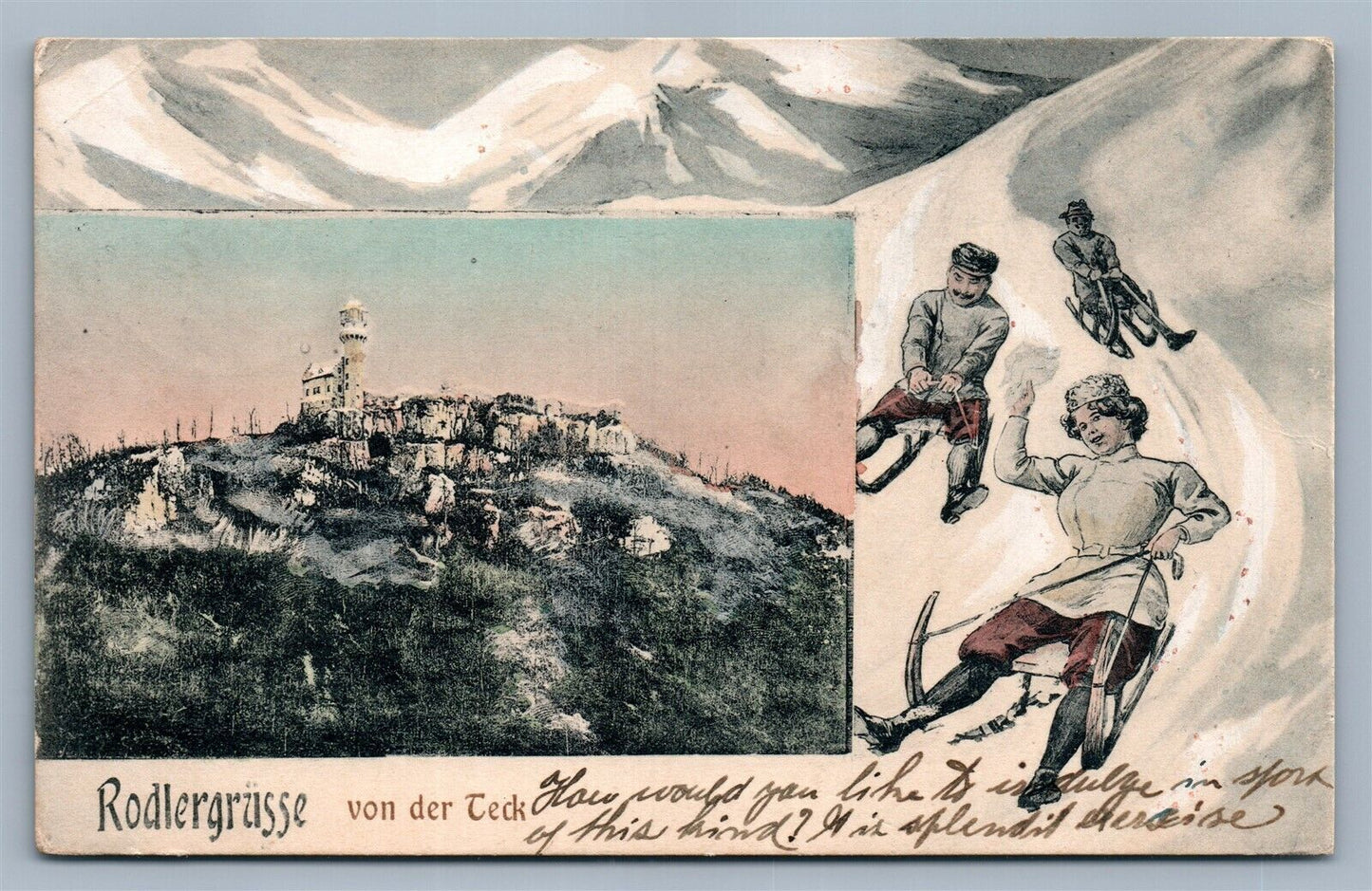 RODLER GRUSSE VON DER LECK GERMANY ANTIQUE POSTCARD SNOW SLIDING