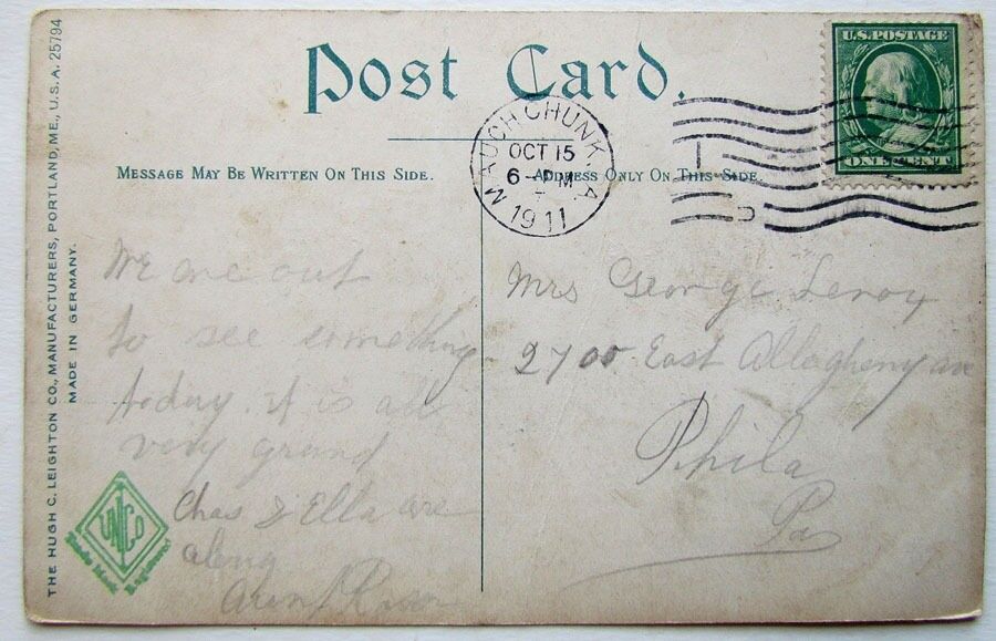 VINTAGE 1911 POSTCARD EAST MAUCH CHUNK PA FROM MT. PISGAH PLANE