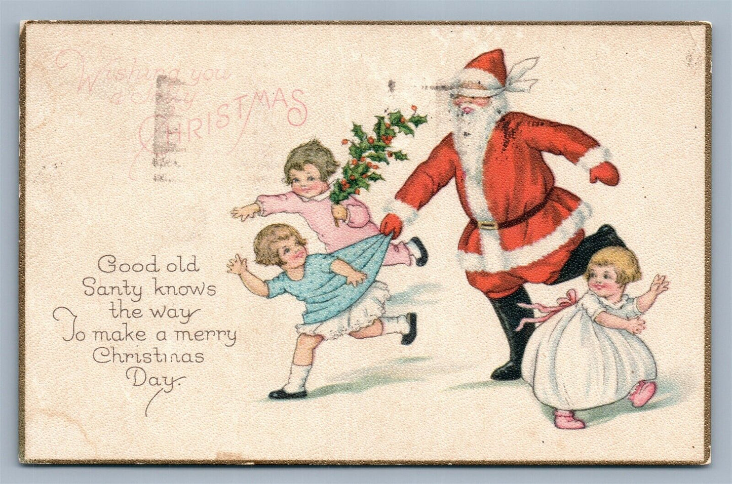 SANTA PLAYING w/ KIDS CHRISTMAS ANTIQUE POSTCARD SERIES 1035A