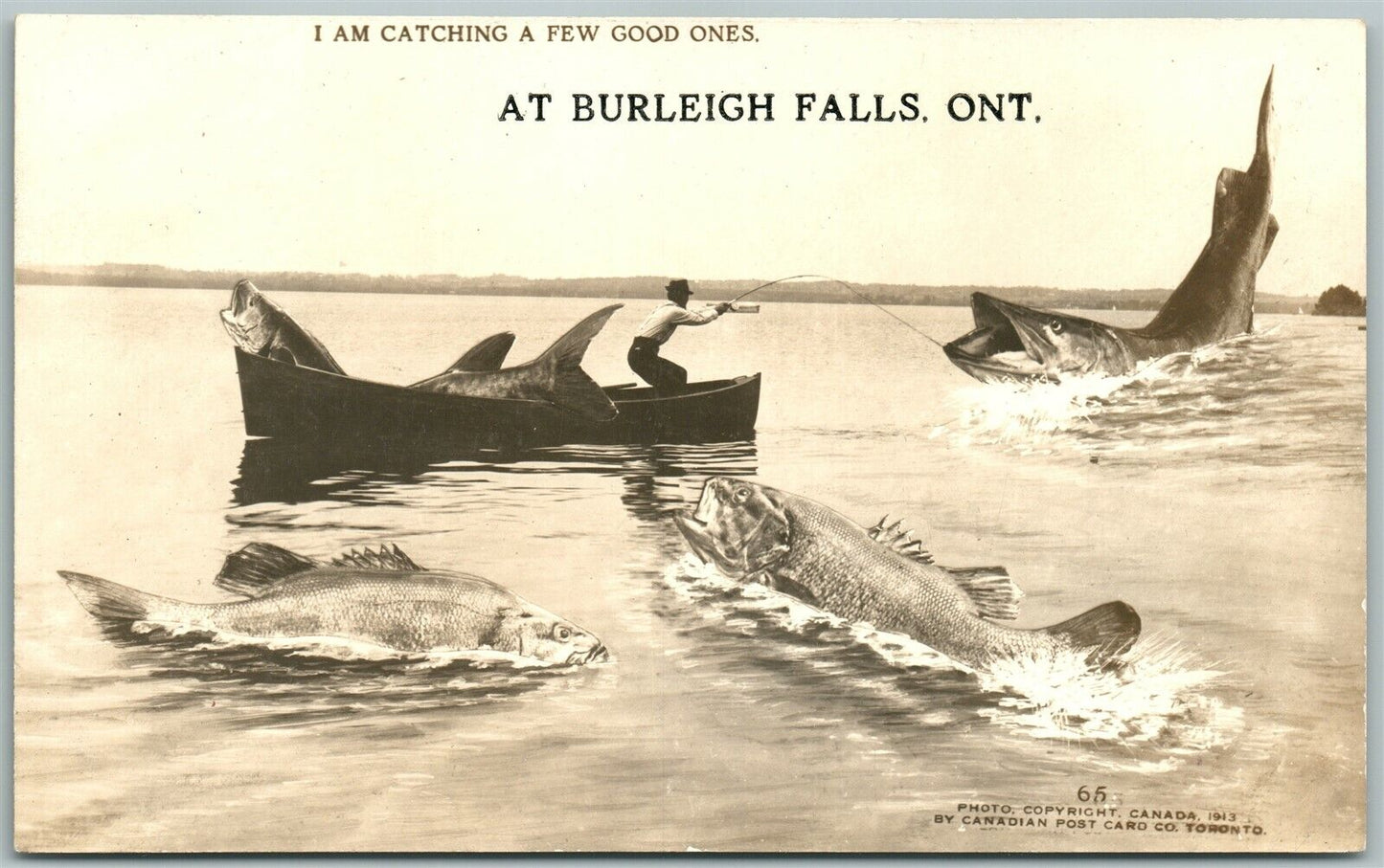 BURLEIGH FALLS ONT. CANADA EXAGGERATED FISHING ANTIQUE REAL PHOTO POSTCARD RPPC