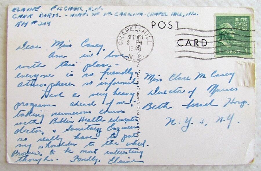 VINTAGE 1940 POSTCARD SPIRE OF UNIVERSITY METHODIST CHURCH CHAPEL HILL N.C.