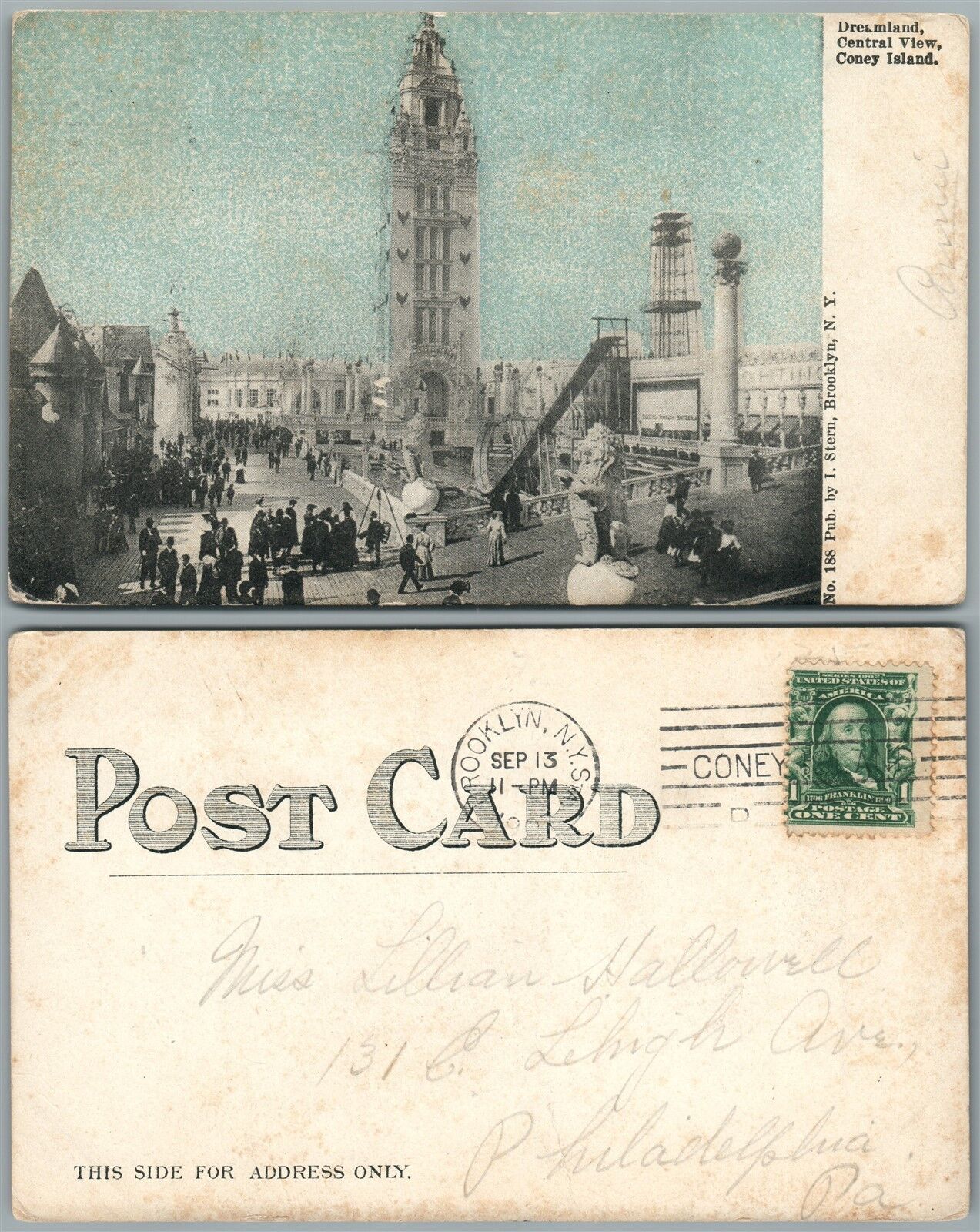 BROOKLYN N.Y. CONEY ISLAND DREAMLAND 1907 UNDIVIDED ANTIQUE POSTCARD