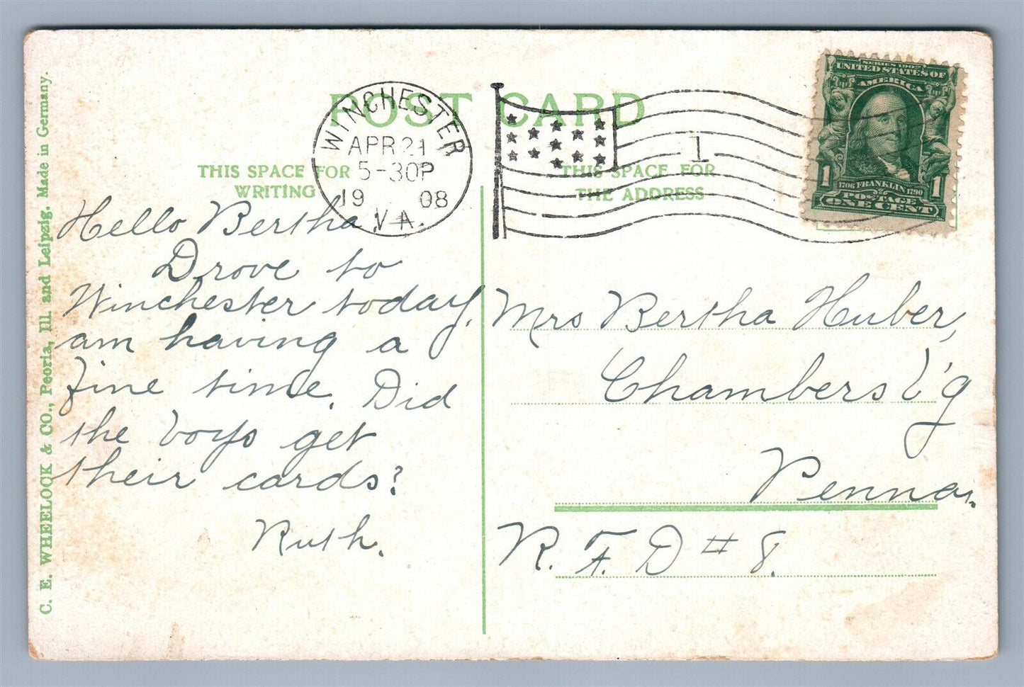 WINCHESTER VA MAIN STREET 1908 ANTIQUE POSTCARD