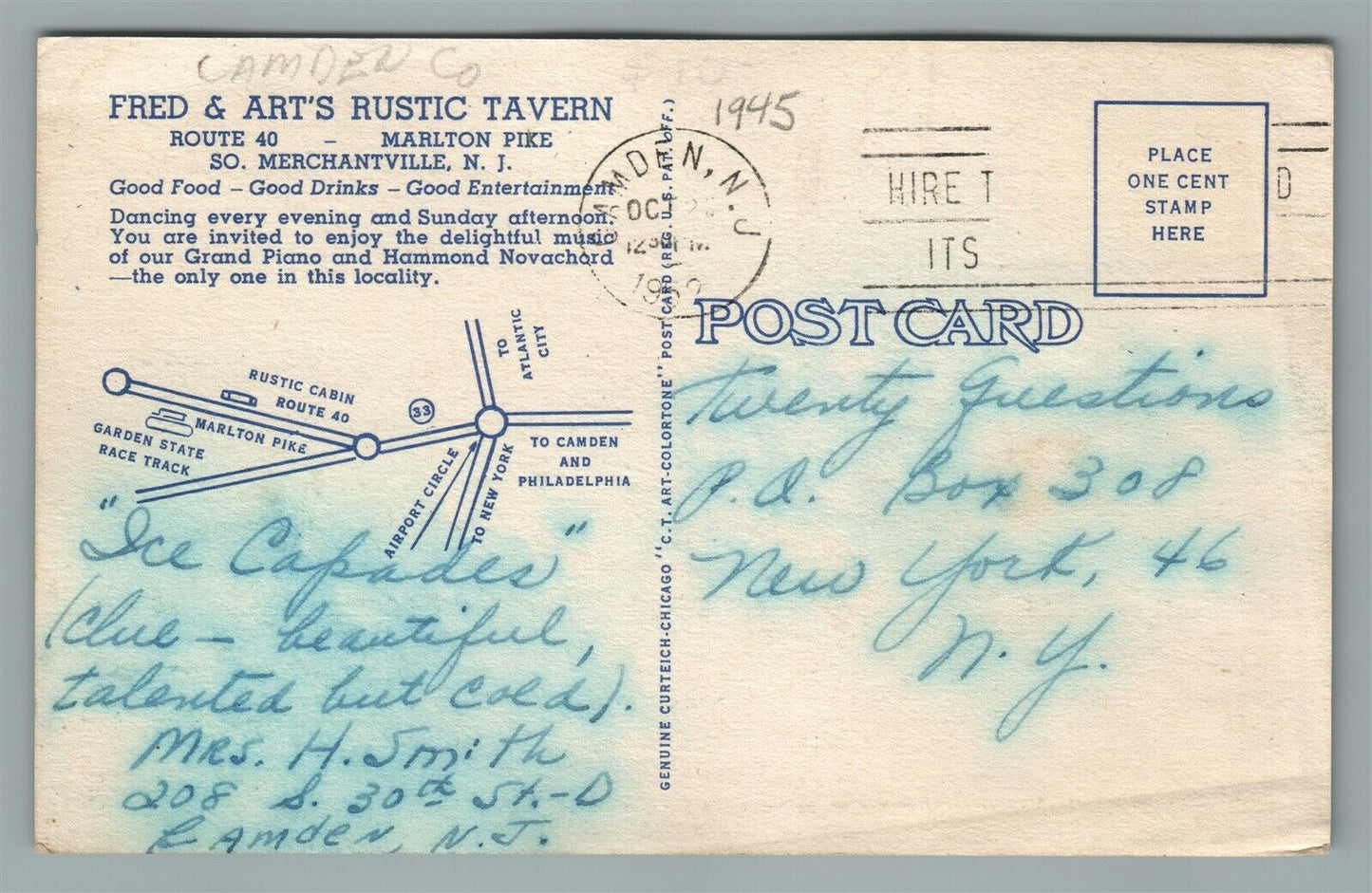 SO. MERCHANTVILLE NJ FRED & ART'S RUSTIC TAVERN VINTAGE POSTCARD