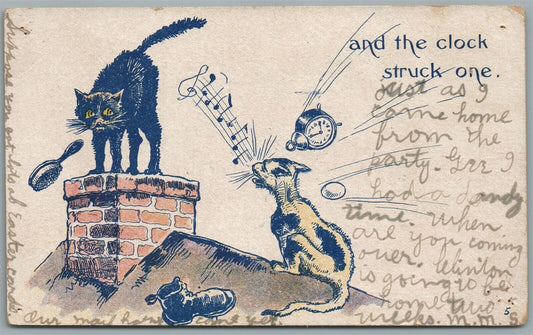 CAT & DOG on the ROOF COMIC ANTIQUE POSTCARD