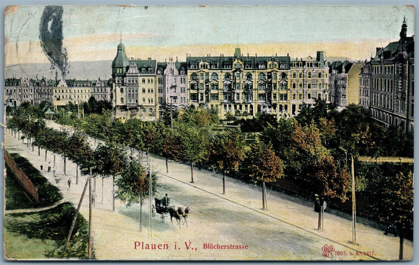 PLAUEN i.V. BLUCHERSTRASSE GERMANY 1910 ANTIQUE POSTCARD w/ STAMP