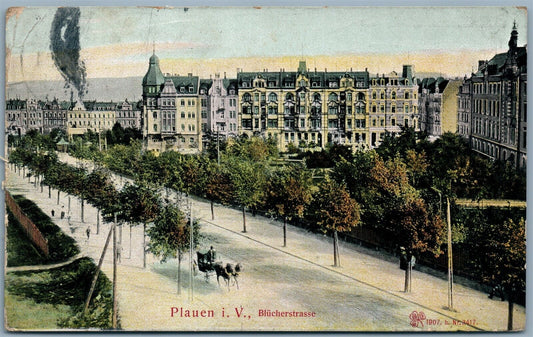 PLAUEN i.V. BLUCHERSTRASSE GERMANY 1910 ANTIQUE POSTCARD w/ STAMP