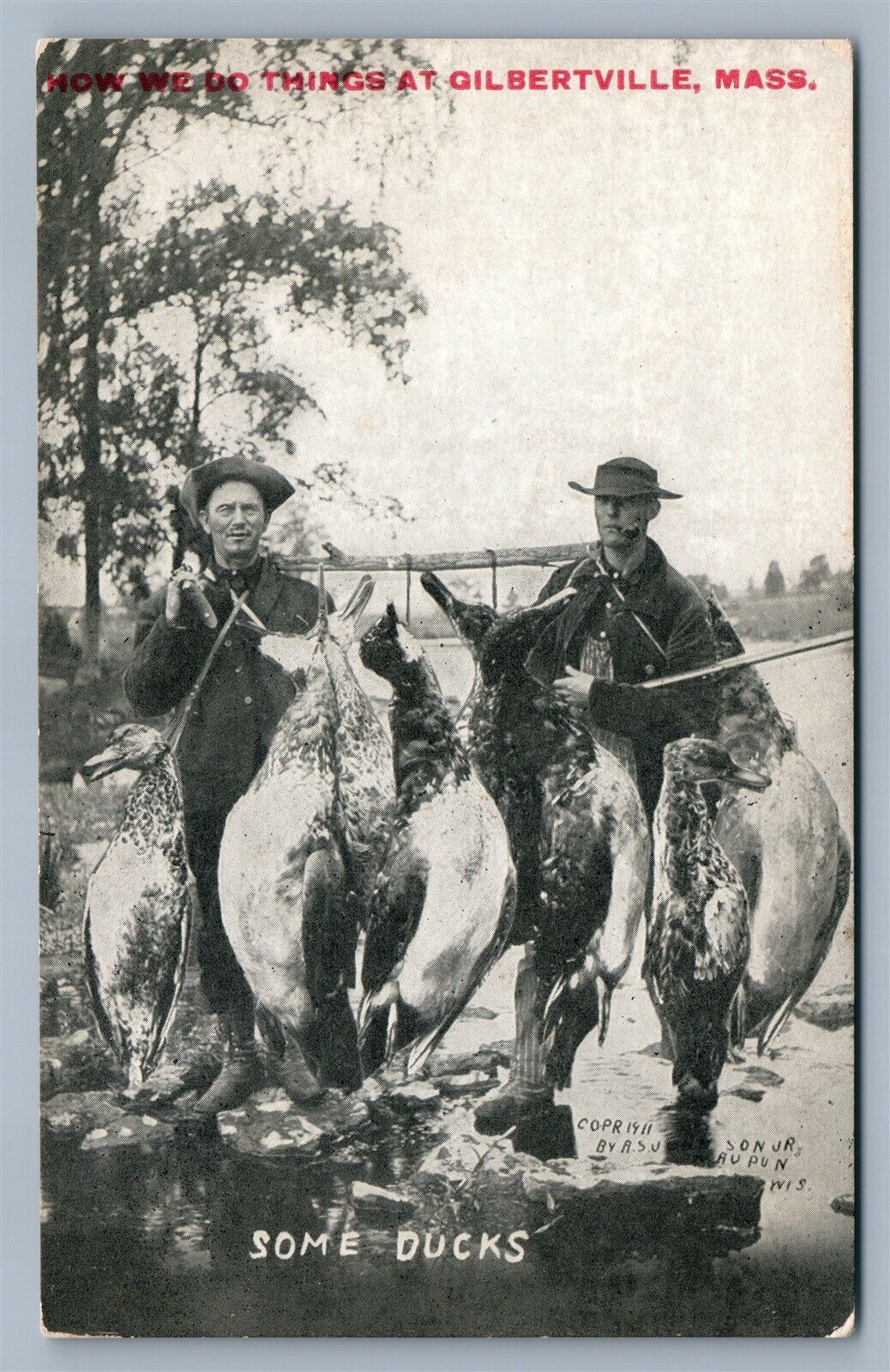 GILBERTVILLE MA DUCK HUNTING EXAGGERATED ANTIQUE POSTCARD