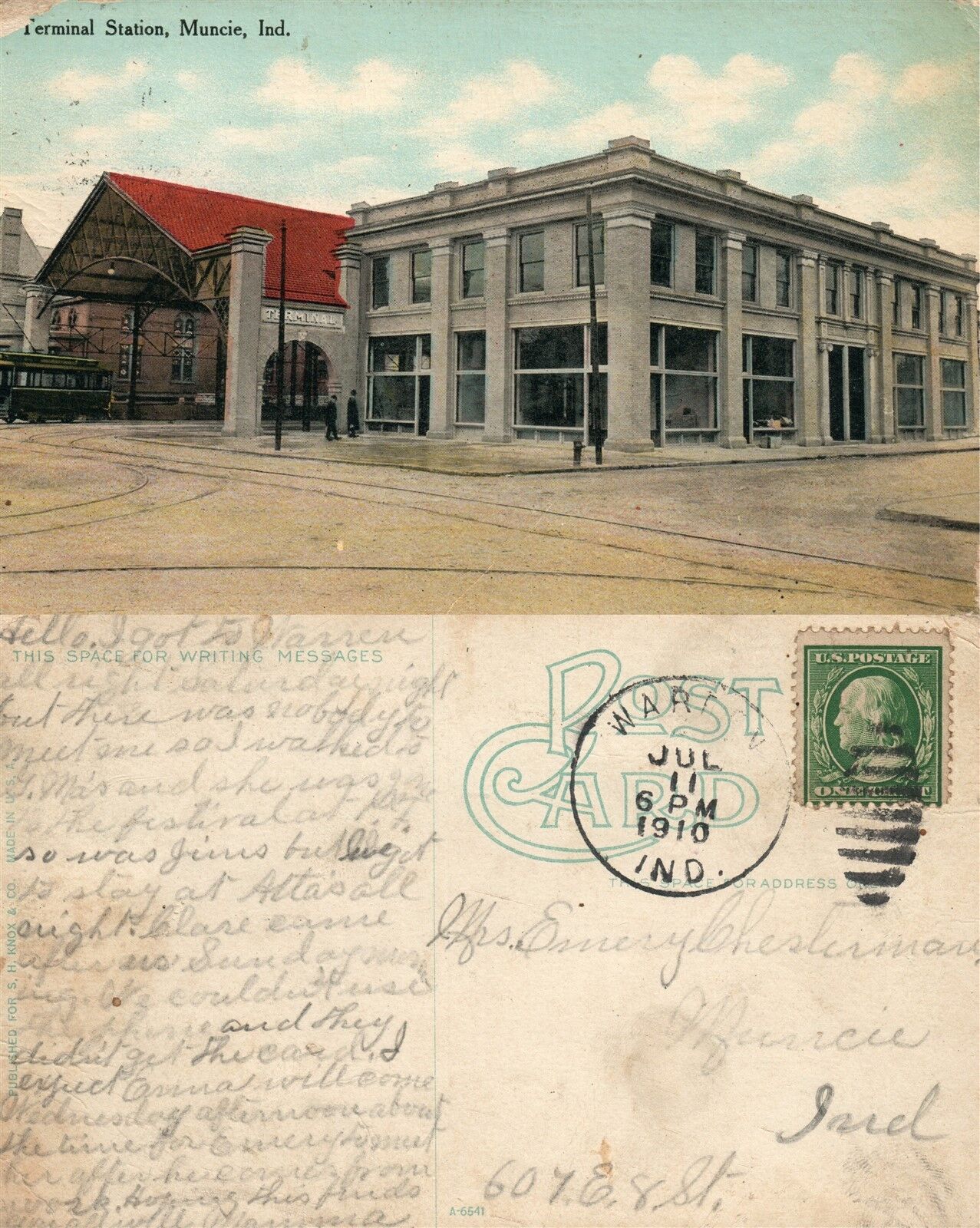 MUNCIE IND RAILWAY DEPOT 1910 ANTIQUE POSTCARD RAILROAD STATION CORK CANCEL