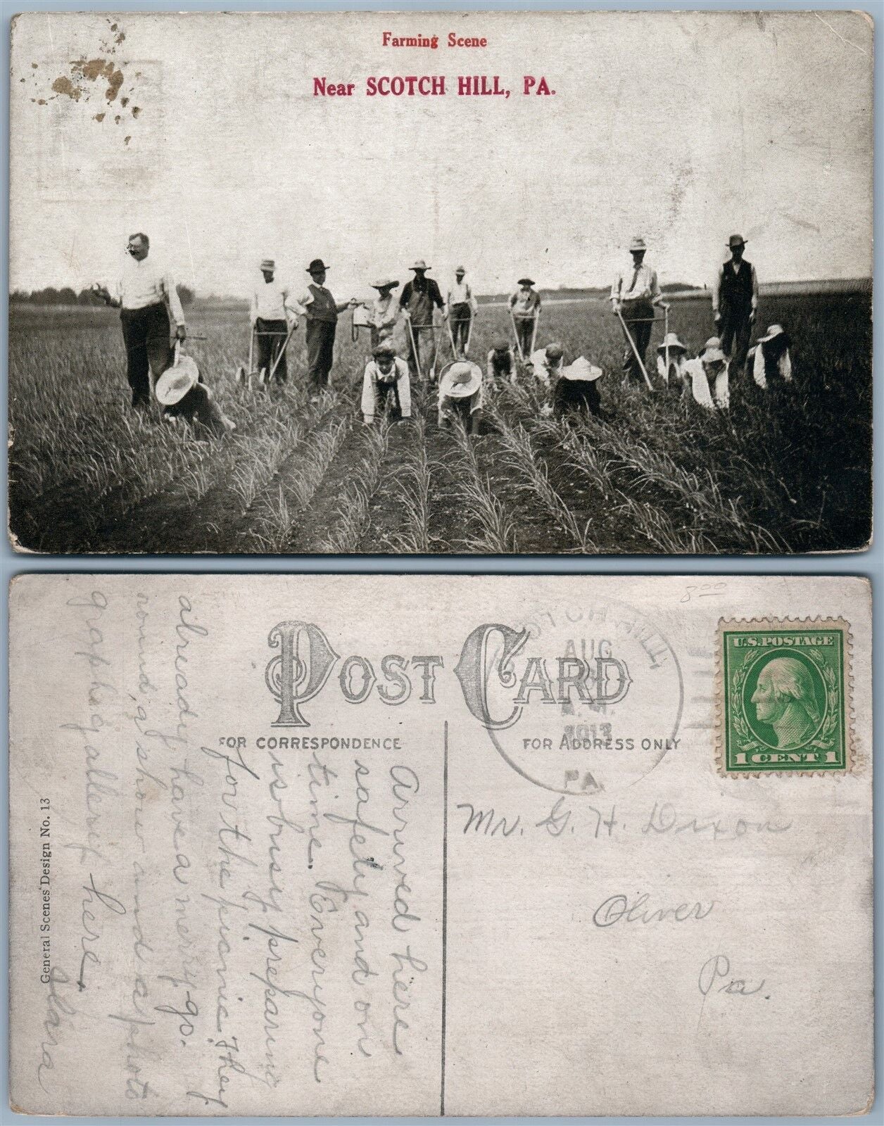 SCOTCH HILL PA FARMING SCENE 1913 ANTIQUE POSTCARD