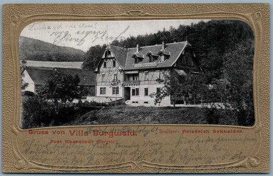 GRUSS AUS VILLA BURGWALD Post Eberstadt GERMANY 1903 ANTIQUE POSTCARD