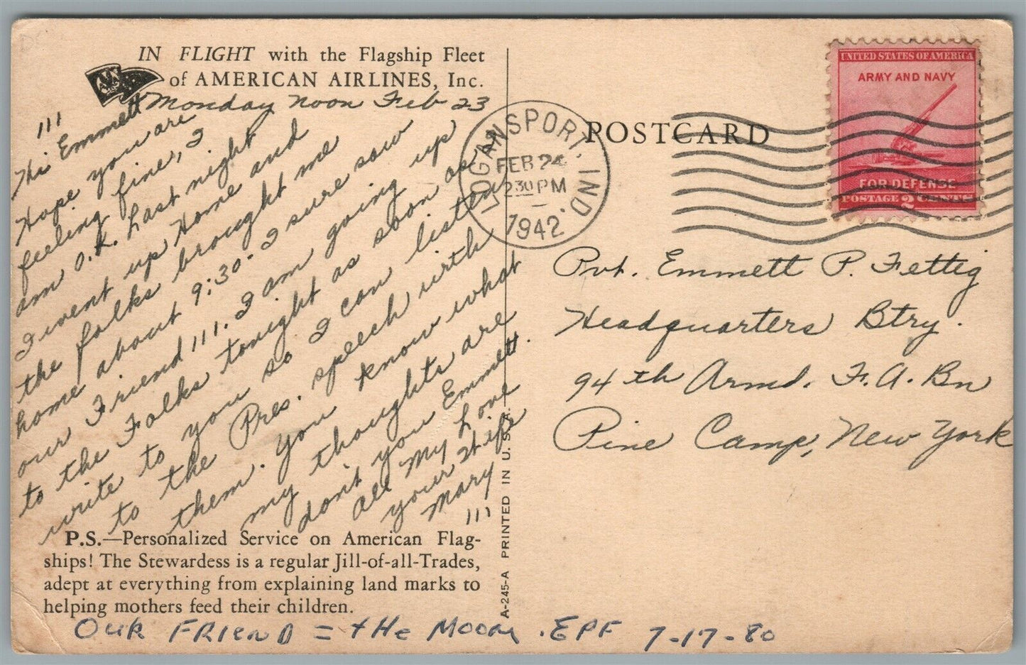 AMERICAN AIRLANES STEWARDESS VINTAGE 1942 POSTCARD
