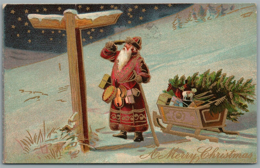 SANTA w/. CHRISTMAS TREE ON THE SNOW SLEIGH ANTIQUE POSTCARD