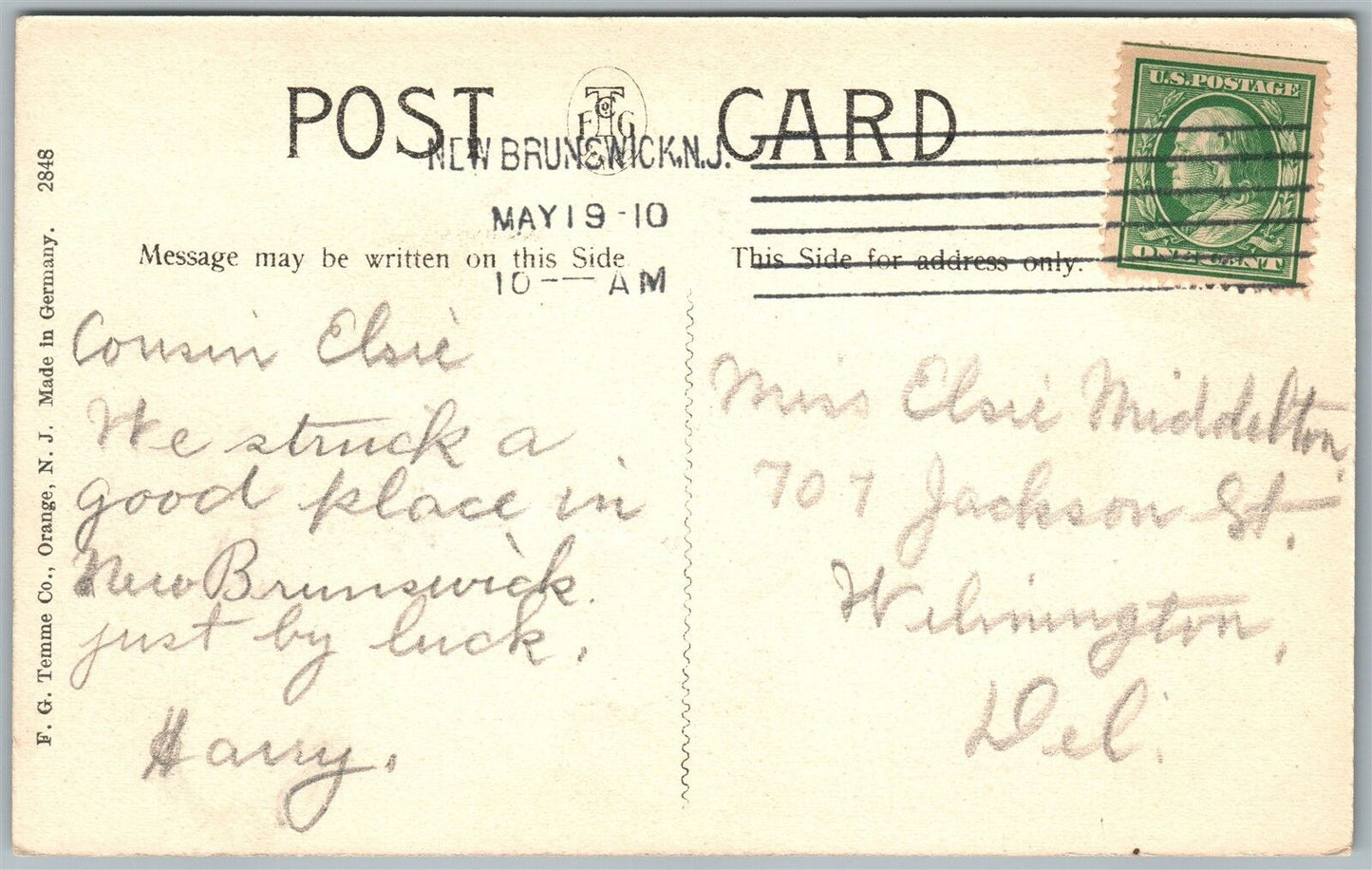 NEW BRUNSWICK NJ LIVINGSTON AVE. 1910 ANTIQUE POSTCARD